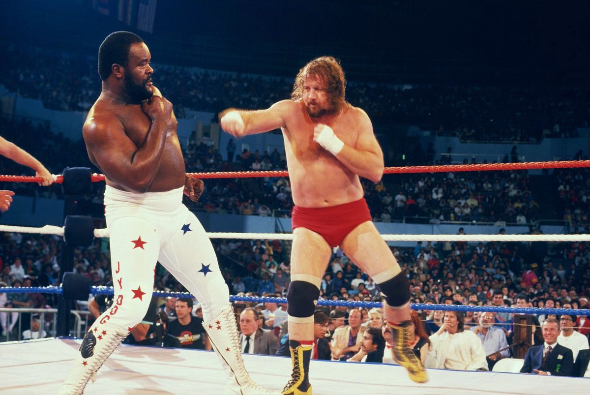 WWFWrestling1's tweet photo. WrestleMania Wednesday! Hoss Funk &amp; Terry Funk tussle with Tito Santana &amp; Junkyard Dog at WrestleMania 2. #WWF #WWE #JunkyardDog #TitoSantana #DoryFunk #TerryFunk https://t.co/tEw4ssHHLO