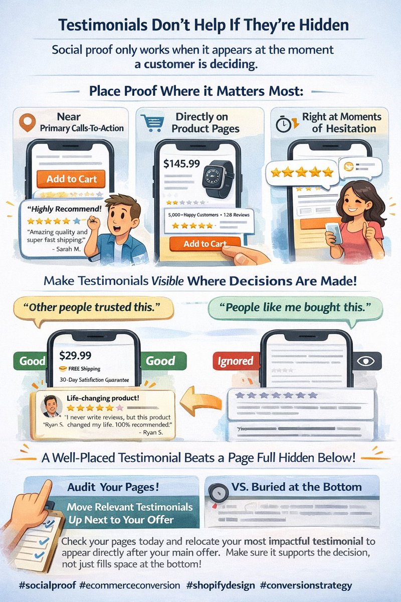 MrSheriffTaiwo's tweet image. Testimonials don’t work if they’re hidden.

When people land on your site, they look for social proof immediately.
One strong testimonial placed right after the offer builds more trust than 10 buried at the bottom.
Placement &amp;gt; volume.

#SocialProof #Ecommerce #Shopify