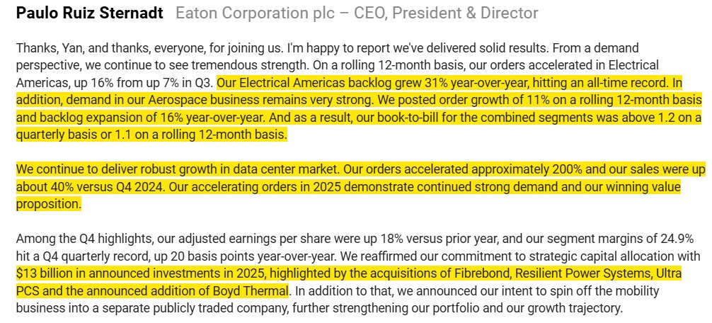 ShanuMathew93's tweet photo. My takeaways from the Eaton call:

-Data center demand hitting escape velocity: Q4 orders up ~200% YoY with sales up ~40%; order mix shifted to 50/50 cloud/AI in 2025 versus mostly cloud previously, with AI loads increasing dollar-per-megawatt content; hyperscalers reconfirmed 2026 CapEx plans; multi-tenant and new cloud players "never seen so active"

-Mega project pipeline provides multi-year visibility: $3 trillion mega project backlog up 30% YoY across 866 tracked projects; data centers represent 54% of YTD announcements; U.S. Dodge data center construction backlog now equals 11 years at 2025 build rates (206 GW); negotiations pipeline hit ~$10B in 2025, up 4x since 2019 at 26% CAGR; these projects convert to revenue over 3-5 years

-Portfolio reshaping toward AI/power infrastructure: Mobility spin-off removes ~$3B lower-growth business; acquired Fibrebond, Resilient Power (800V DC technology), Ultra PCS, pending Boyd Thermal for liquid cooling ($1.7B 2026 revenue expected); dollar-per-megawatt content rising from $2.9M to $3.4M post-Boyd

-Liquid cooling strategy focused on "inner loop" near the chip: Boyd acquisition brings 500 engineers and positions Eaton in cold plates, CDUs, and manifolds protecting revenue-generating assets; NVIDIA's hotter-running chips don't negatively impact inner loop = actually require more sophisticated components; early technical engagement across all chip platforms and hyperscaler roadmaps; partnering with chiller specialists on "outer loop" rather than competing directly