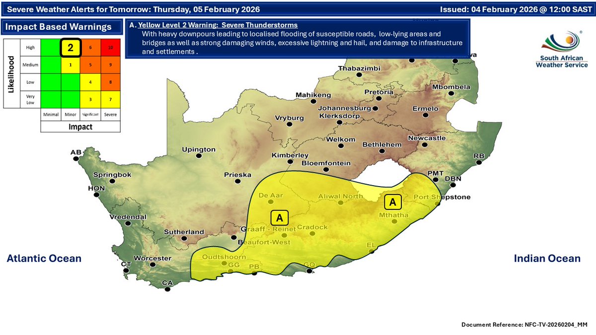 Weather forecast today and tomorrow, 04-05 Feb 2026:
Partly cloudy and warm to hot. 30-60% showers and thundershowers are expected over central and southern parts, becoming widespread in places in the south. ⚠️ A Yellow Level 2 warning for severe thunderstorms is issued #saws