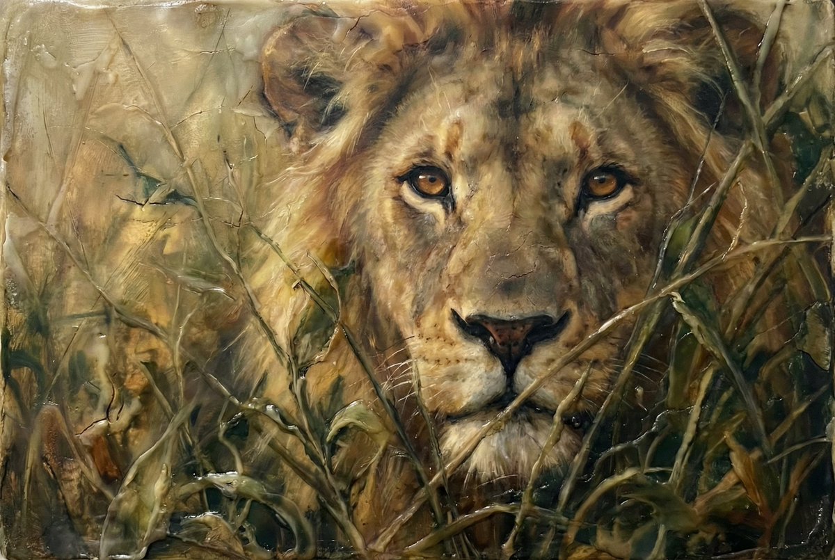 heathergreen's tweet image. #promptshare with Nano Banana Pro using @freepik  and my custom style #encaustic - freepik.com/pikaso/ai-imag… 👈Link will open Freepik's AI generator and preload my style for you.
✨Prompt: Heavily detailed oil painting of a lion, with only its eyes and nose visible as it peers out