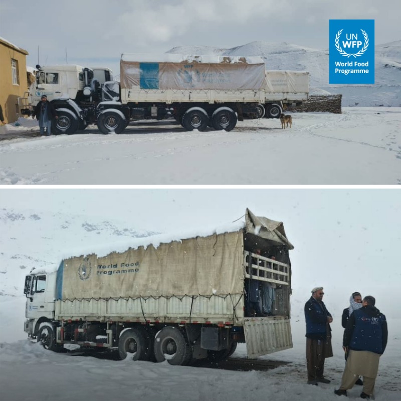 WFP_Afghanistan's tweet photo. As one of the harshest winters has settled in, WFP food deliveries continue across #Afghanistan. 

See below how food distributions look in Farah and Badghis, where our trucks push through snow-covered roads to deliver food to where it’s needed most. 📷 🚚