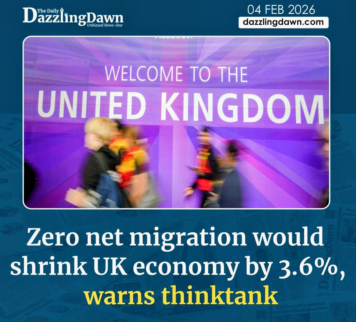 MunzerChowdhury's tweet image. Zero net migration would shrink UK economy by 3.6%, warns thinktank
dazzlingdawn.com/2026/2/4/zero-…
#ukeconomy #netmigration #migrationpolicy #ukpopulation #economicforecast
