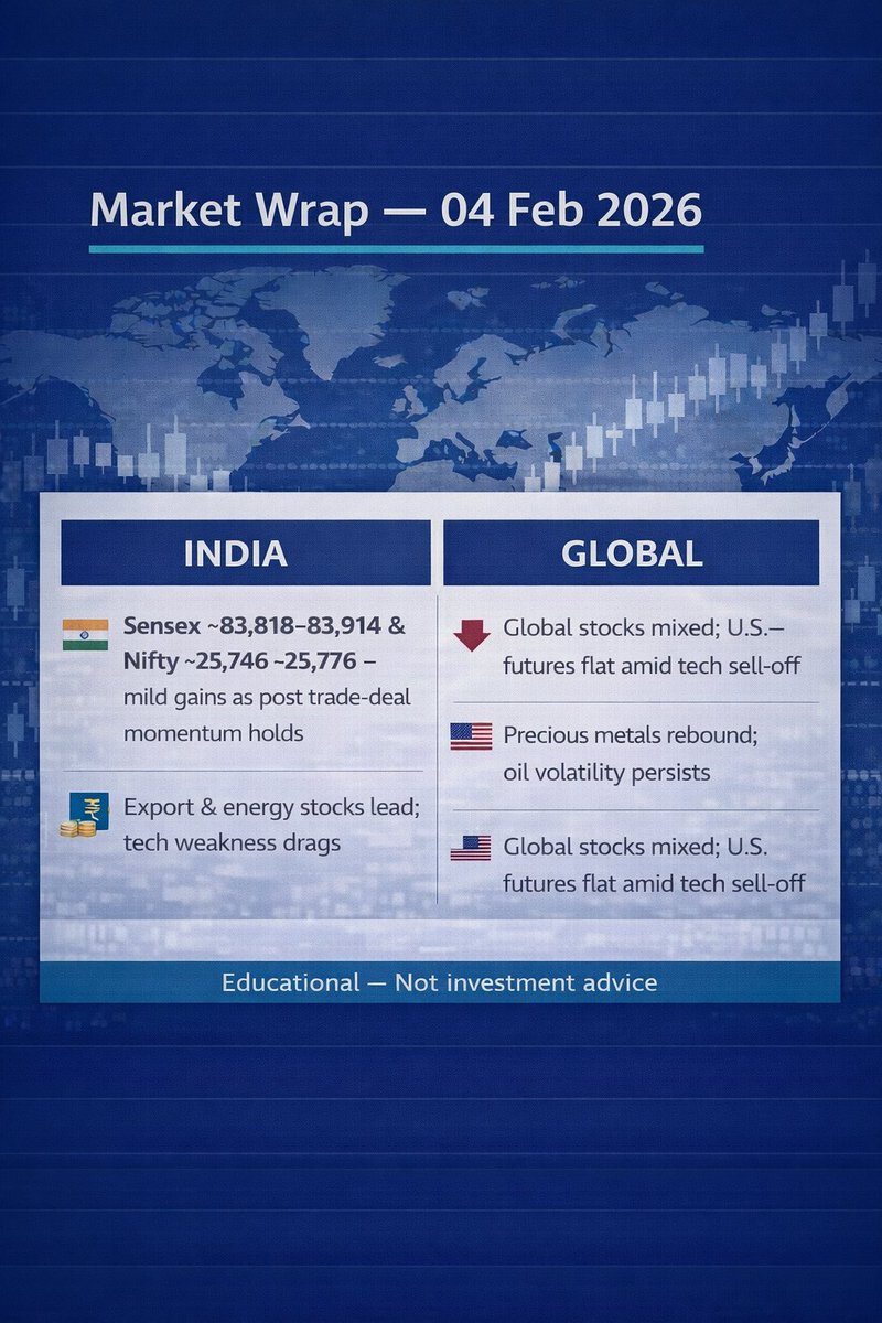 TradeVisto's tweet photo. 4 Feb 2026: Sensex ~83.8–83.9K &amp; Nifty ~25.7–25.8K close modestly higher as post trade‑deal optimism persists; global stocks mixed with tech weakness and metals up. #MarketWrap #Sensex #Nifty #IndiaStocks #GlobalMarkets #TradeDeal #TechSelloff - Your take? https://t.co/bE2Oki3dzU