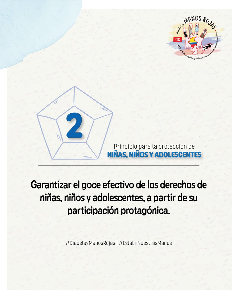 #EstáEnNuestrasManos, Escuchar las propuestas, aportes y aprendizajes de niñas, niños y adolescentes para #Garantizar el efectivo de sus derechos.

NUNCA MÁS niñas, niños y adolescentes en la guerra.

#DíadelasManosRojas