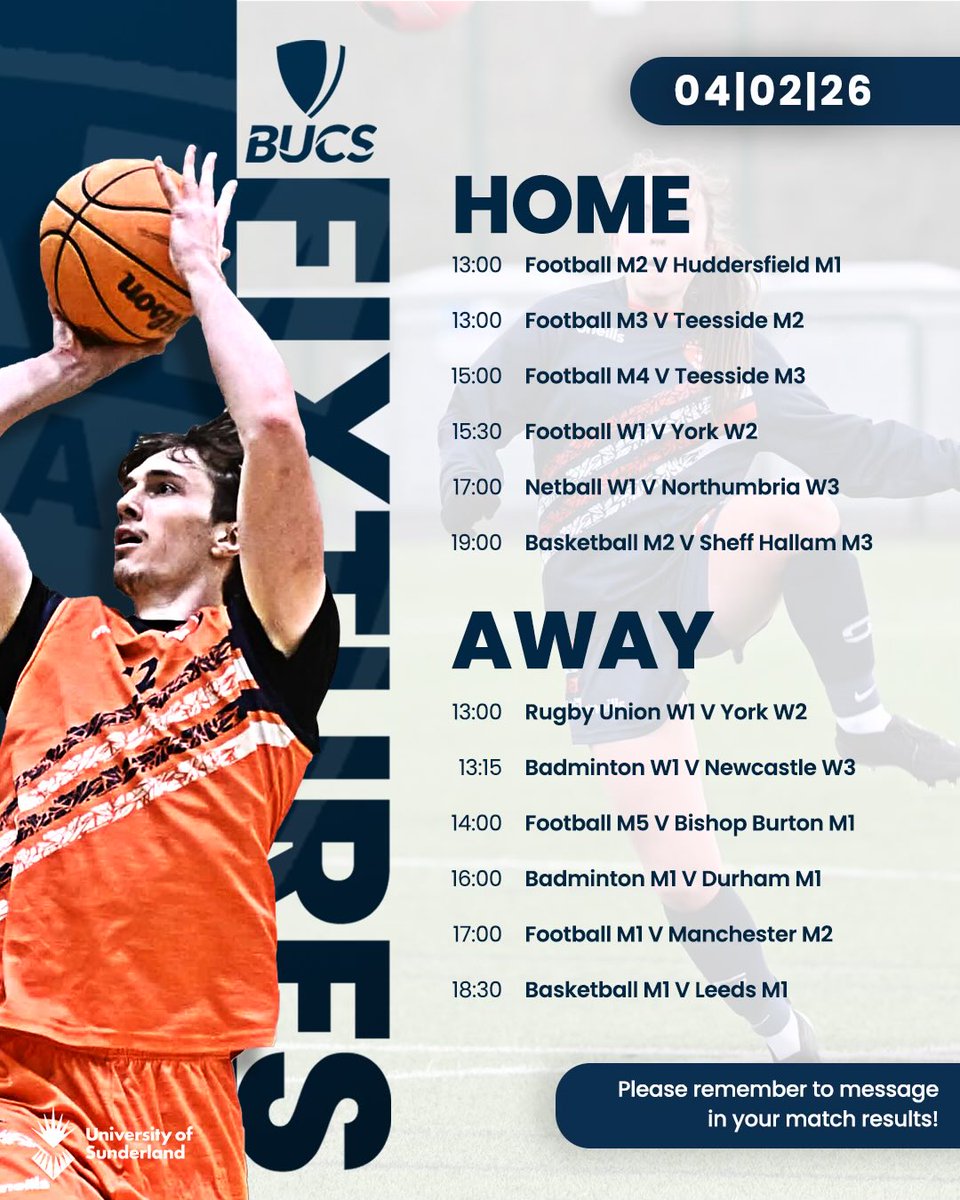 BUCS Wednesday | Fixtures

Check out today’s BUCS fixtures 🙌🏻 

Good luck to all our teams in action 🧡💙

#WeAreSun #Belong