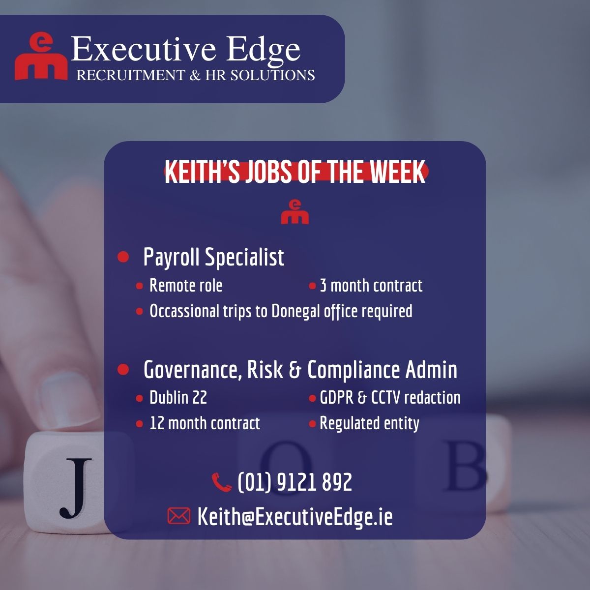 Keith has two great new roles. If you are interested, chat with Keith on (01) 9121 892.
Find out more at: executiveedge.ie/opportunities/
#RemoteJobs #DublinJobs