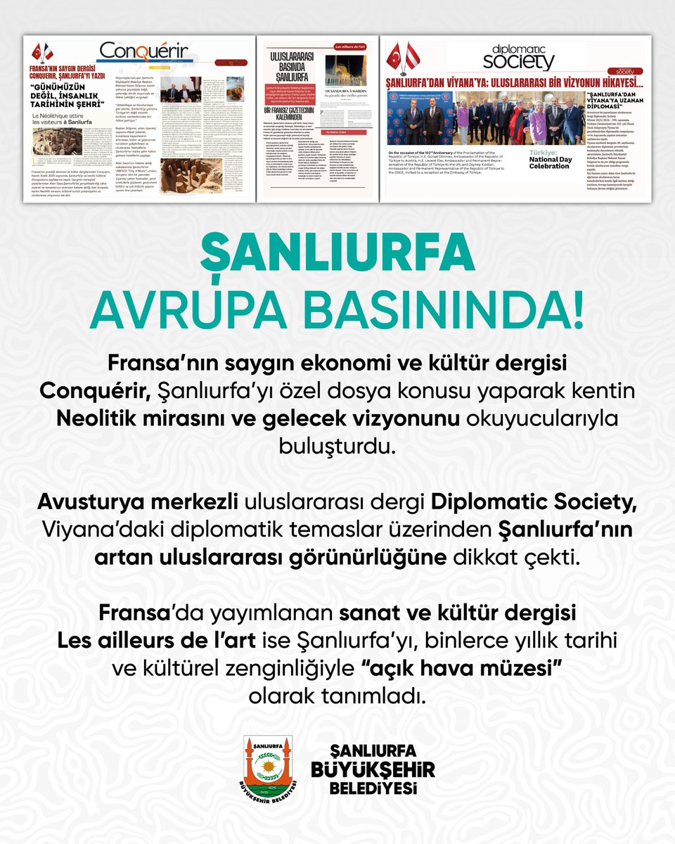 Şanlıurfa’nın kadim mirası, Başkanımız Mehmet Kasım Gülpınar'ın vizyonuyla dünya vitrininde! 🌍

Başkanımızın uluslararası diplomasi trafiği ve kültürel temasları, Avrupa basınında geniş yankı bulmaya devam ediyor.

📍 Fransa / Les ailleurs de l’art: Binlerce yıllık "Açık Hava