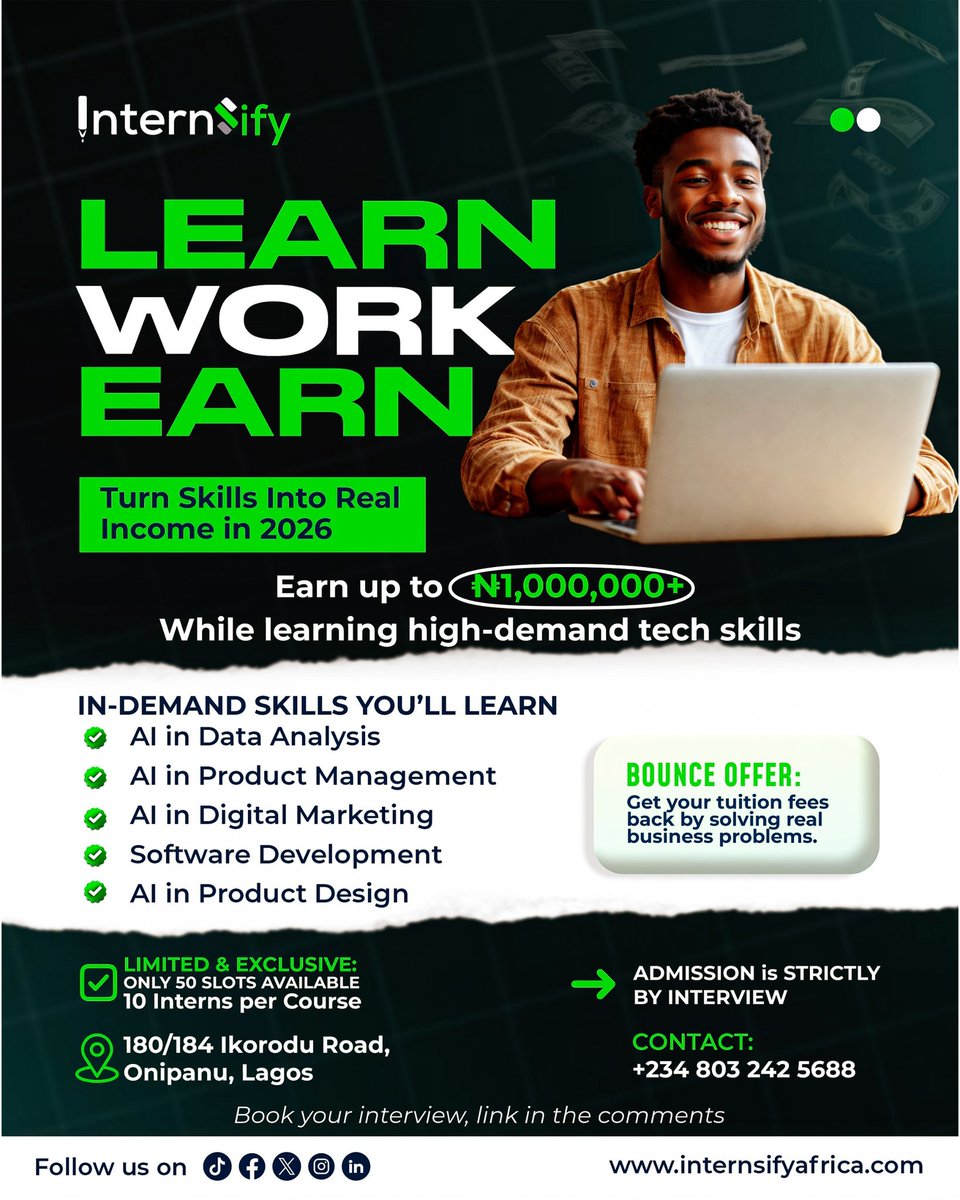 InternSifyA's tweet photo. Big mistake people will make in 2026:
Learning a skill with no clear path to a job.

At Learn2Create, we’re selecting 50 individuals for a hands-on cohort where you earn by solving real problems not just certificates.

Our 4-month physical training designed for employment https://t.co/alW1G97VGH