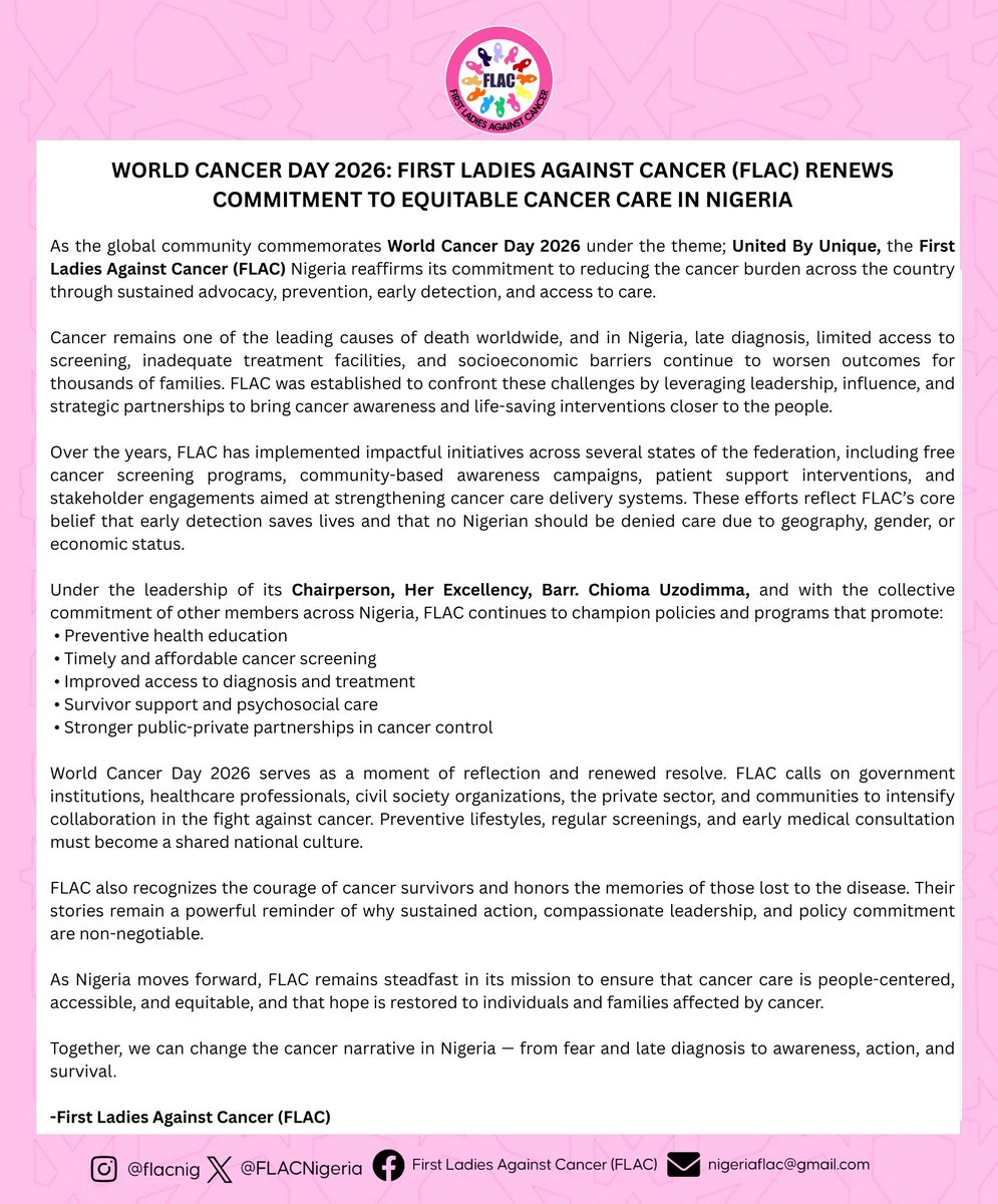 FlacNigeria's tweet photo. FLAC RENEWS COMMITMENT TO EQUITABLE CANCER CARE IN NIGERIA

As the global community commemorates #WorldCancerDay 2026, FLAC reaffirms its commitment to reducing the cancer burden across the country through sustained advocacy, prevention, early detection, and access to care. https://t.co/1Ioo3FJckC