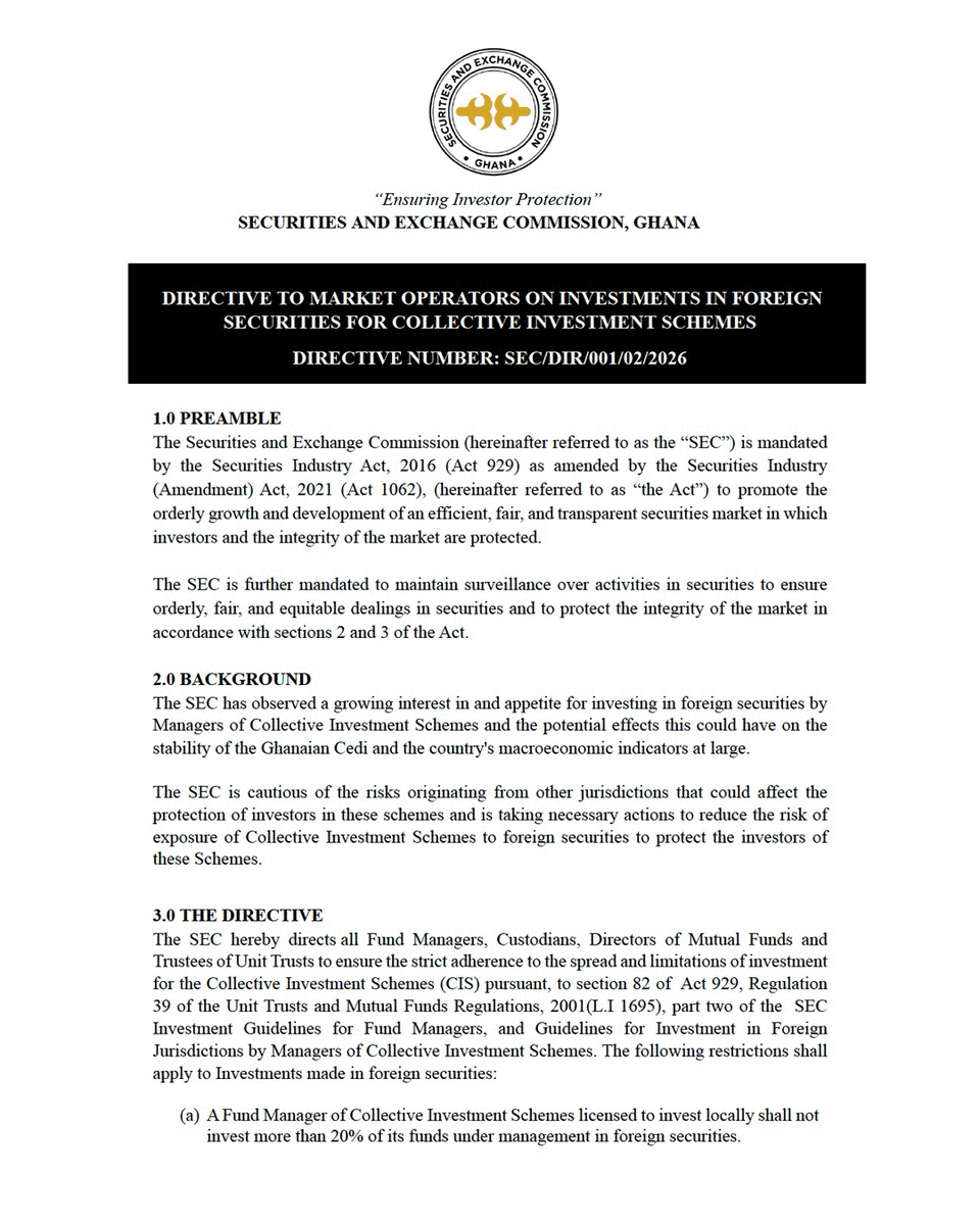 SECGhana's tweet photo. Directive To Market Operators On Investments In Foreign Securities For Collective Investment Schemes

Read more here: https://t.co/vkziLKPMAY

#SECGhana #EnsuringInvestorProtection https://t.co/apaVpTmEWD