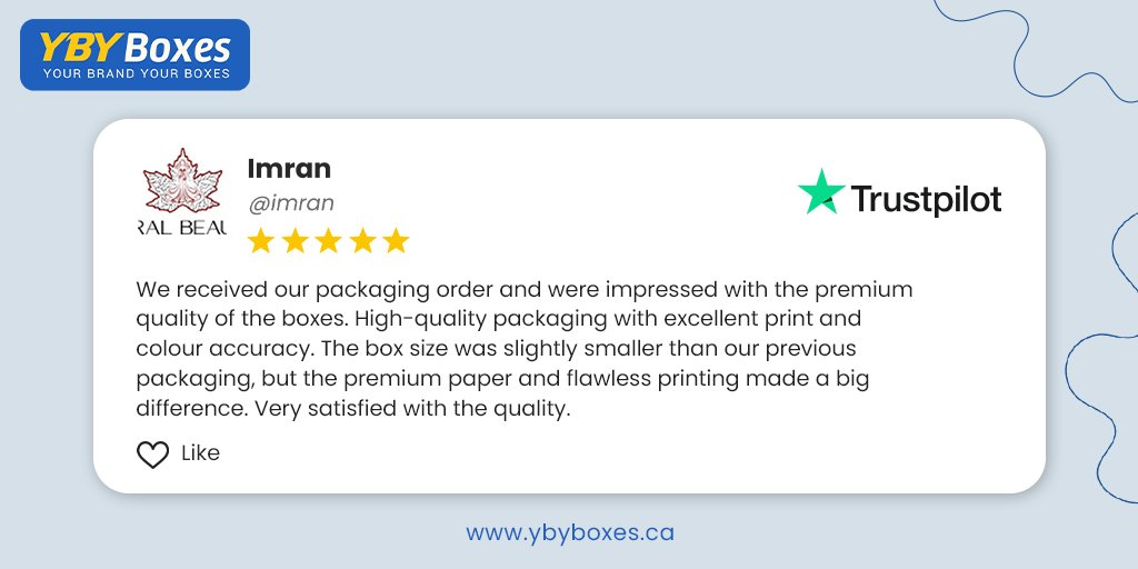 ybyboxescanada's tweet image. Imran’s Trustpilot review highlights the premium quality, flawless printing, and accurate colors delivered by YBY Boxes Canada.⭐⭐ 

📰 More Reviews: shorturl.at/s33Oa

#YBYBoxes #YBYBoxesCanada #TrustpilotReview #CustomerFeedback #HappyClients #CustomPackaging #Boxes