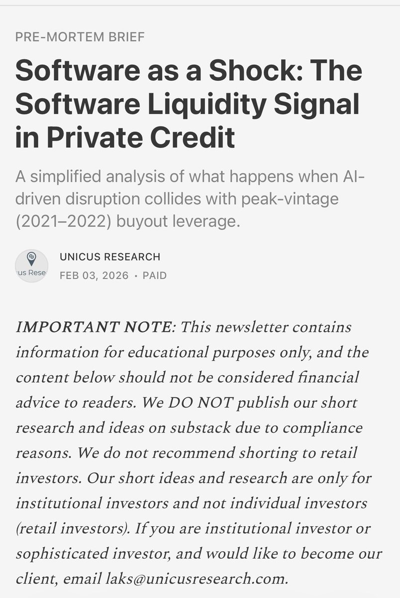 kshaughnessy2's tweet image. “Software as a Shock: The Software Liquidity Signal in Private Credit”

“…private credit only looks stable as long as marks hold and liquidity stays calm. 

Once those assumptions crack, bondholders start asking the obvious question—what collateral is really there, and what are…