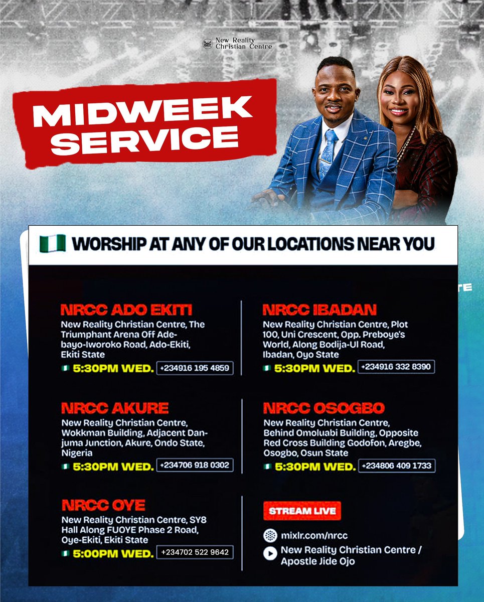 NrccOye's tweet photo. It is Wednesday, it is another time for refreshing. 🔥

Join Apostle Jide and Pastor Funmi Ojo, this evening, at 5:00pm (WAT) for Midweek service. 

See you soon! 💃🔥

#nrccoye #newrealitycc #triumphantchurch #nrccglobal #midweekservice https://t.co/84VTPDbhcq