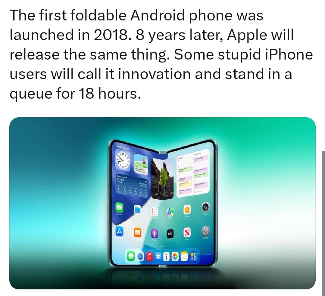 aliedboy's tweet photo. 8 Years Late and Calling it Innovation? 🤡📱
.
.
.
#iPhoneFold #Apple #TechNews #AndroidVsiOS #Innovation #SamsungFold #Smartphone #Gadgets #TechGeek #iPhone18 #MobileTech #AppleEvent https://t.co/yFP7wLPGYQ