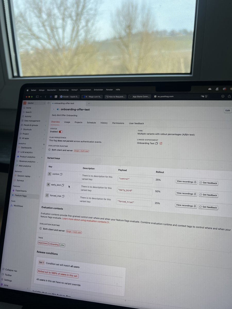 This week I got into A/B testing via feature flags.

Testing how different onboarding offers influence user behavior.

Will experiment with different prices for different users soon. 

Also maybe looking into A/B testing higher prices for users which got to the app via meta ads