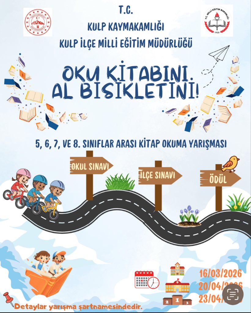Kulp’ta Kitap Okuma Yarışması başlıyor!
Öğrencilerimizi kitapların dünyasına davet ediyoruz.
Katılım ve detaylar okul idarelerinde.
<a href="/TC_Kulp/">Kulp Kaymakamlığı</a> <a href="/hhemm21/">MEHMET (ZÂHİD) ŞİMŞEK</a> <a href="/Diyarbakirmem/">Diyarbakır İl Millî Eğitim Müdürlüğü</a> <a href="/dbakirvalilik/">T.C. Diyarbakır Valiliği</a> <a href="/sadoglu_salih/">Salih Sadoğlu</a> <a href="/vali_zorluoglu/">Murat Zorluoğlu</a>