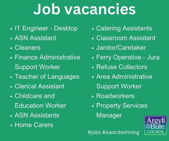 argyllandbute's tweet photo. New vacancies on our myjobscotland page.
👉 https://t.co/y9xmJedfqN #jobs #abplace2b https://t.co/aE7cRziKIB