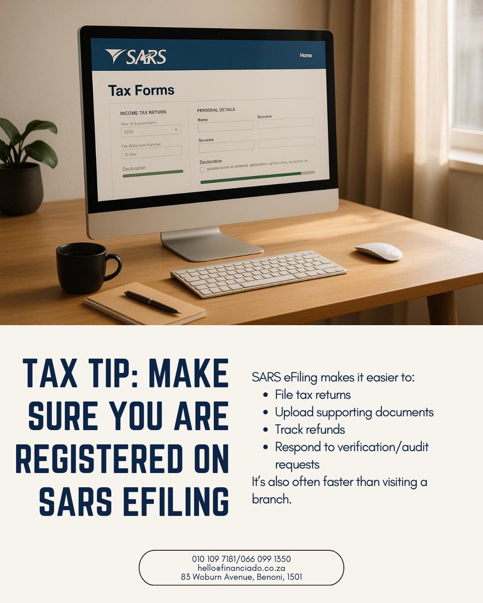 Financiado_zar's tweet image. Make tax season stress-free! 🧾✨ File your returns, upload supporting documents, track refunds 💸, and respond to audits - all online. It’s quick, convenient, and often faster than visiting a branch 🚀🏢

#SARSeFiling #TaxTips #SmartFiling #accountingservices #TrustedAccountants