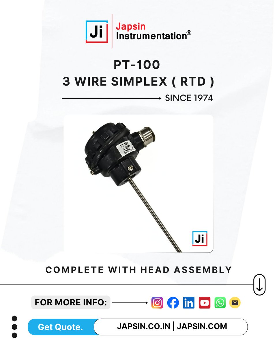 JIGAUGES's tweet photo. Pt-100 3 Wire Simplex RTD | "Ji" Japsin Instrumentation
Customised options available β immersion length, sheath material, diameter, temperature range, connection head & cable as per application.
Link: https://t.co/QGghRfXsd8
#RTDSensor #Pt100RTD #TemperatureSensor #Industrial https://t.co/vTAiL8mj8U