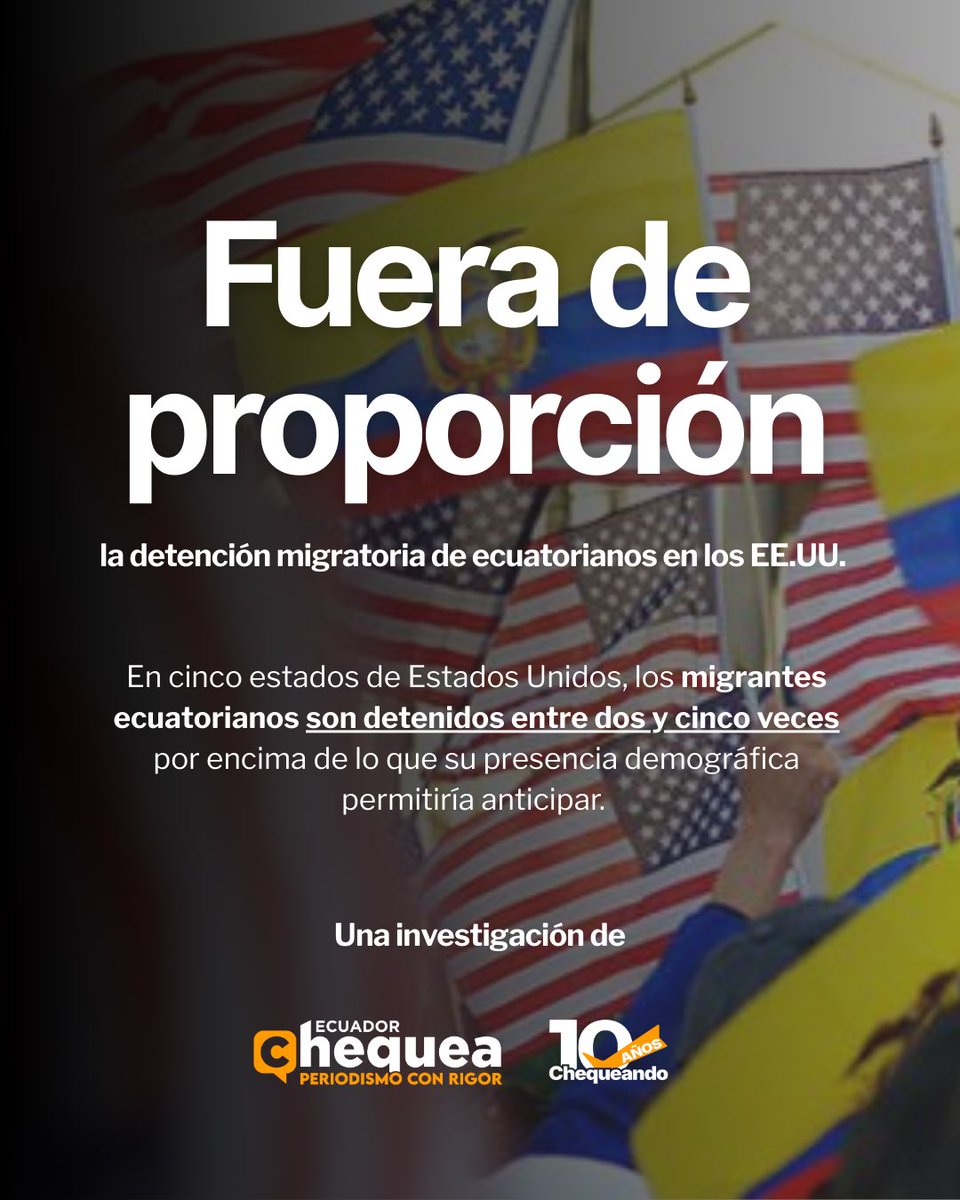 #ChequeaInvestiga | En cinco estados de EE.UU., los ecuatorianos están siendo detenidos por el ICE muy por encima de lo que su presencia demográfica permitiría anticipar.

Nueva York, Nueva Jersey, Pennsylvania, Minnesota y Massachusetts concentran un patrón: Ecuador aparece