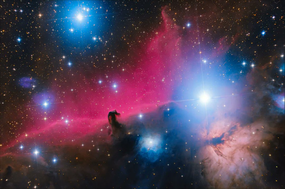 Entre nosotros y la nebulosa IC 434 del fondo se encuentra una zona oscura. La pareidolia ha provocado que la llamemos nebulosa Cabeza de Caballo y todo su "entorno" es 😍...

Nosotros sólo vemos el resultado final, pero para captarla han sido necesarias 5h de exposición... y,