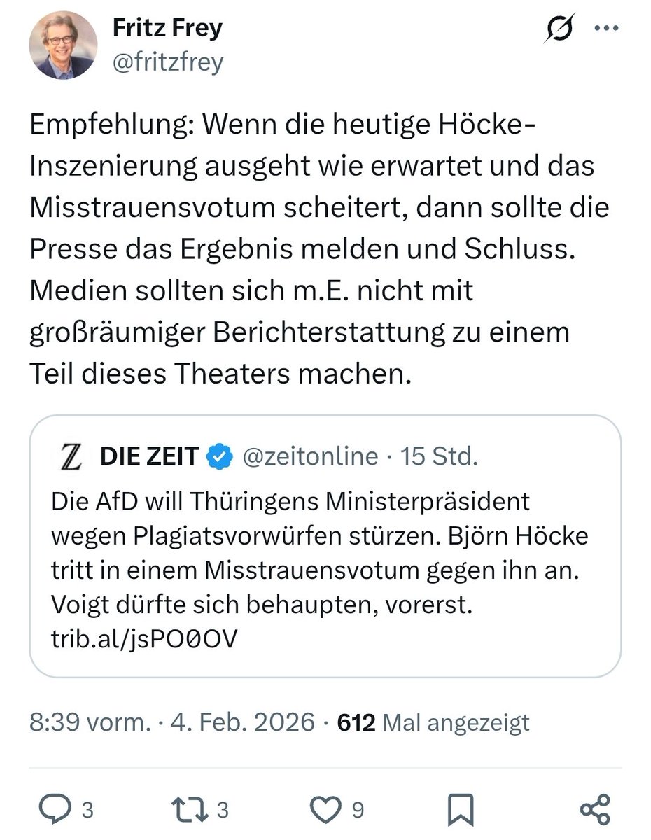 OERRBlog's tweet image. Ehemaliger SWR Chefredakteur empfiehlt den Medien, nicht großräumig über das Misstrauensvotum gegen Mario Voigt im Thüringer Landtag zu berichten. #OerrBlog
