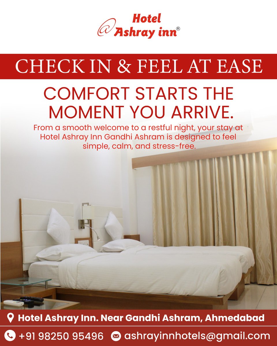 ashray_inn's tweet image. Check in, switch off, and relax 🤍
Your calm Ahmedabad stay begins at Hotel Ashray Inn.

📍Hotel Ashray Inn, Near Gandhi Ashram, Ahmedabad
📞+91 98250 95496
📧ashrayinnhotels@gmail.com

#HotelAshrayInn #CheckInEasy #ComfortStay #NearGandhiAshram #PeacefulRooms #WarmHospitality