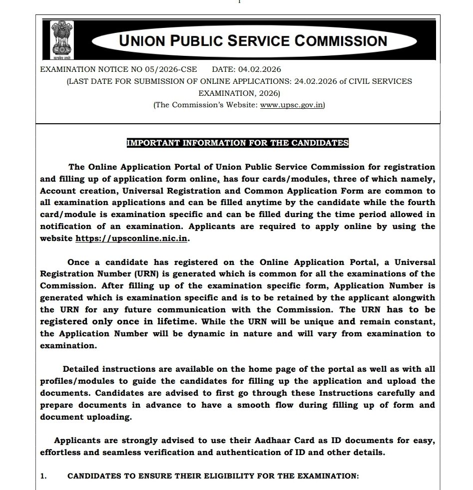 50_Dark_Knight's tweet photo. UPSC has released its notification for CSE 2026 .

No any big Changes. Collect all important docs first, then apply.

Note — To get Delhi centre, apply in First FIVE days. UPSC follows First come, first take policy in Centre allocation 

#UPSCPrelims2026 #UPSC https://t.co/tIDW9k7gJi