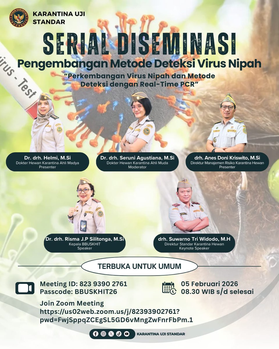 Update Wawasan Baru: Deteksi Virus Nipah! 🦠

​Penting untuk kita tahu bagaimana perkembangan terbaru metode deteksi Virus Nipah menggunakan Real-Time PCR. 

​Acara ini TERBUKA UNTUK UMUM. Jangan sampai ketinggalan informasi krusial dari para pakar karantina hewan kita! 👋🏻✨