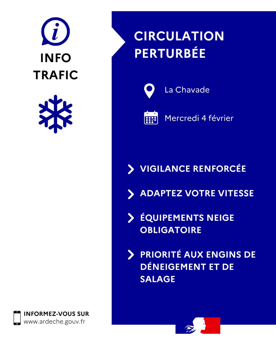 Image de Préfet de l'Ardèche - #infotrafic | Circulation délicate sur le secteur La Chavade

⚠️ La neige continue de tomber et rend