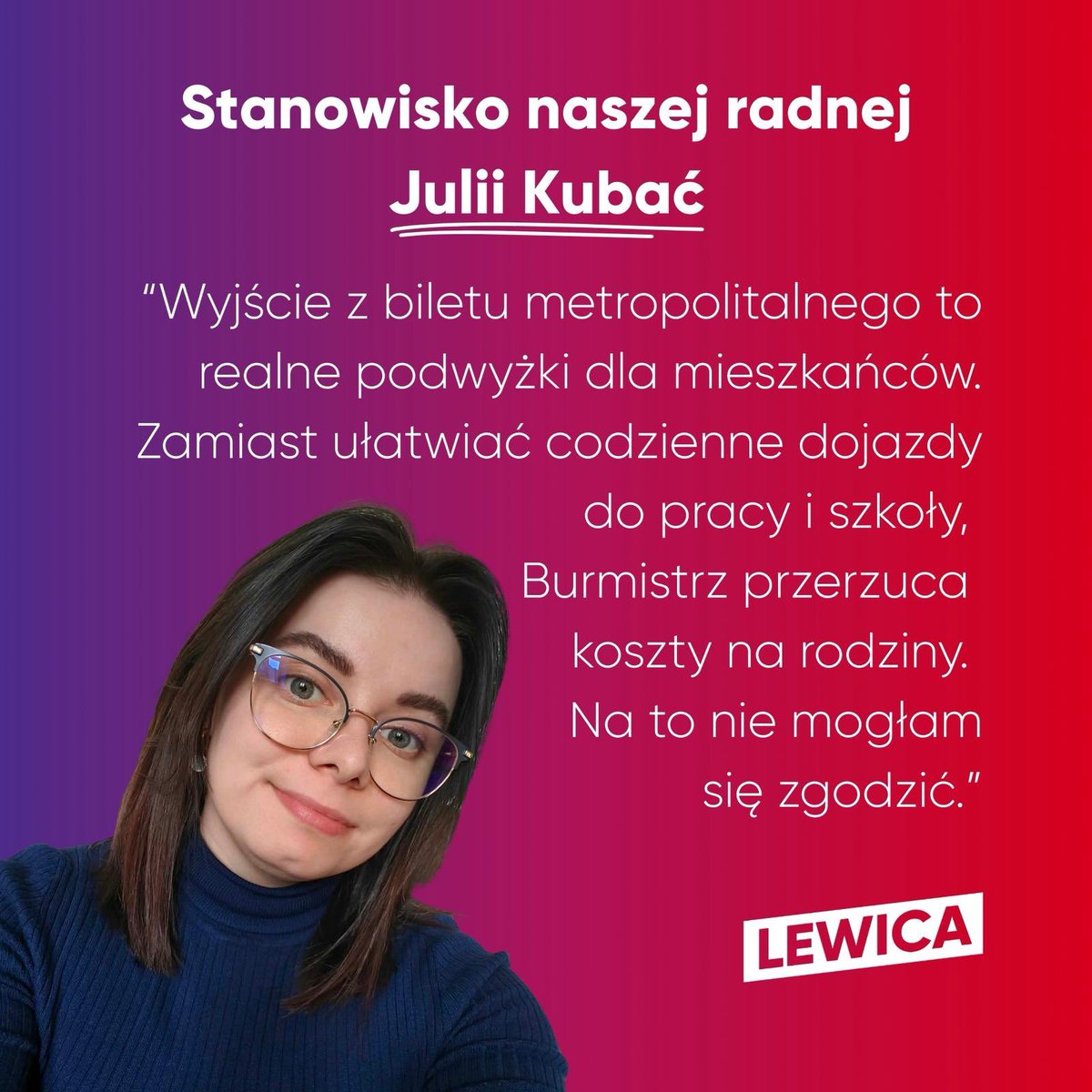 ❗️Z inicjatywy burmistrza Rafała Ślęczki Wieliczka od 1.03.2026 rezygnuje z biletu metropolitalnego. 

Mieszkańcy zapłacą więcej za dojazdy do Krakowa — często 2 bilety zamiast 1. 
To setki zł miesięcznie więcej. 

Nasza Radna <a href="/julia_kubac/">Julia Kubać</a> głosowała przeciw.