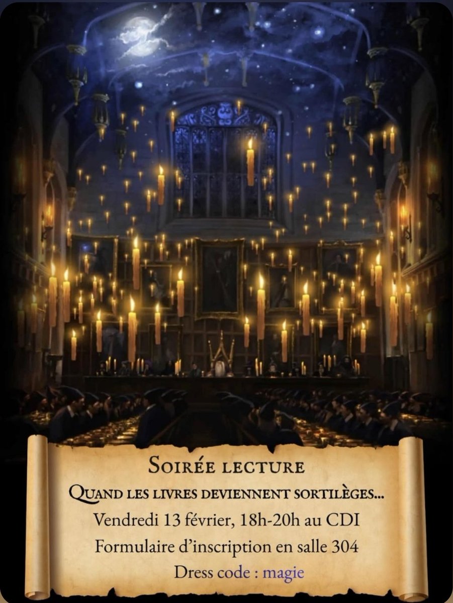 DelacroixRoissy's tweet photo. ✨ Soirée lecture enchantée ✨
​Et si on se laissait emporter par la magie des histoires ?
Une soirée pour lire, écouter, imaginer, voyager...
​📚 Vendredi 13 février | 18h–20h
📍 CDI
​🪄 Dress code : magie
📌 Inscription en salle 304

#lecture
#clublecture https://t.co/k9qrBnGbvn
