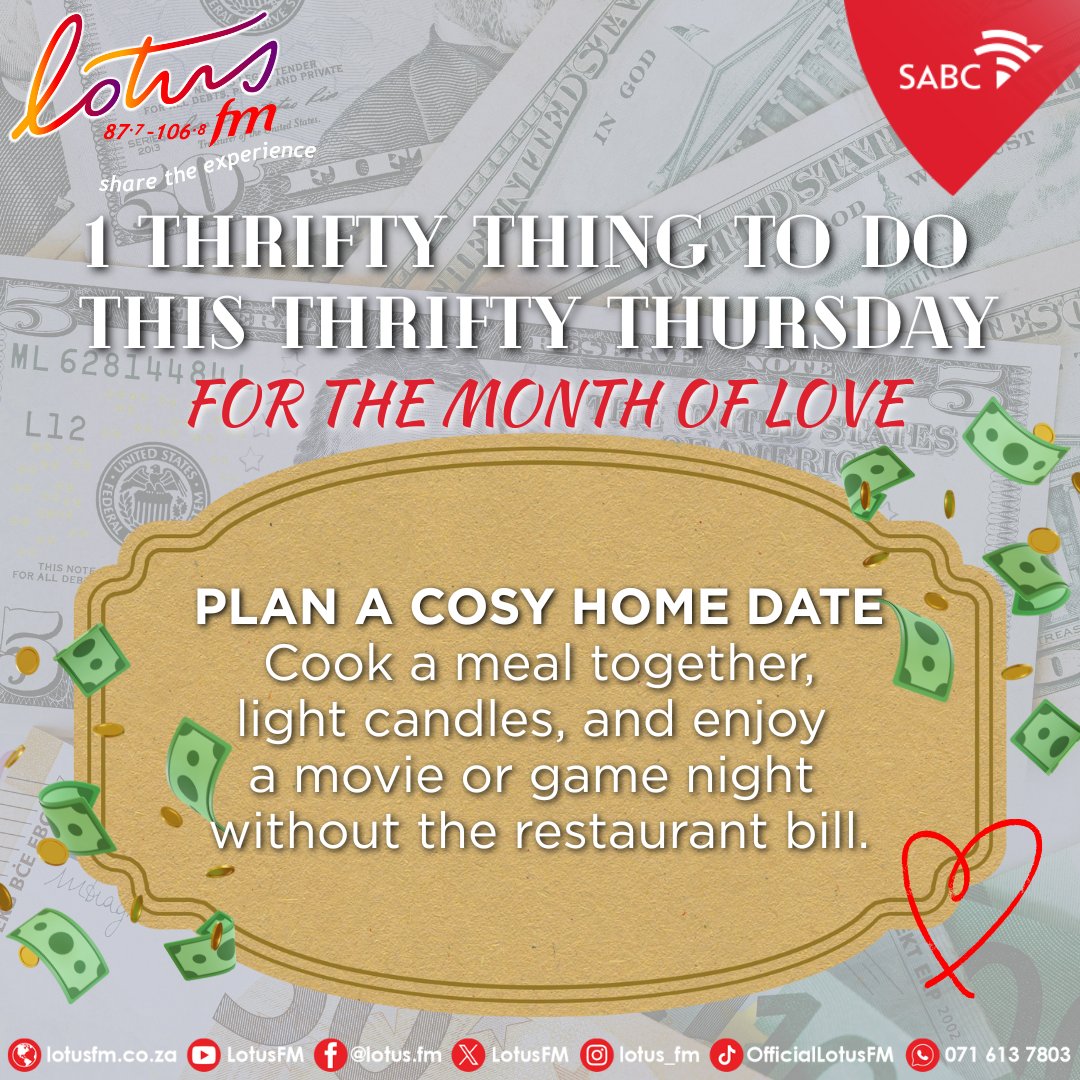 Lotusfm's tweet photo. This #MonthOfLove we will be sharing with you 1 Thrifty thing to do every #ThriftyThursday! 🤑💵💳

We can be romantic &amp; still save money. 😍 🫰🏻💸💰

#LotusFM #ShareTheExperience https://t.co/VtWHBMMcql