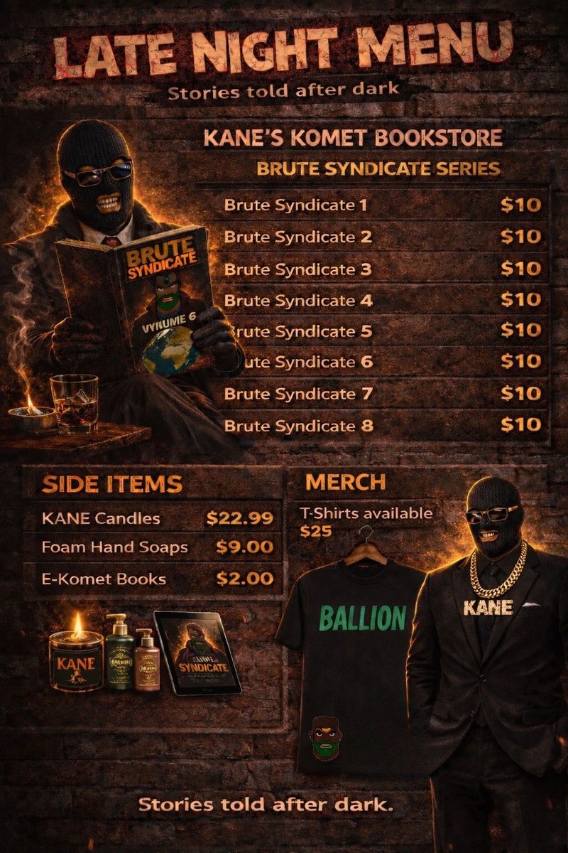 kanesbookstore's tweet photo. 🌙 Late Night Menu at Kane’s Komet Bookstore 📚🔥

When the city goes quiet, the stories get louder. Tap into the Brute Syndicate series, and keep the night lit with candles, tees, and E-Komet books.

#KanesKometBookstore #LateNightReads #BruteSyndicate #StoriesAfterDark https://t.co/ZEJpXOFRaa