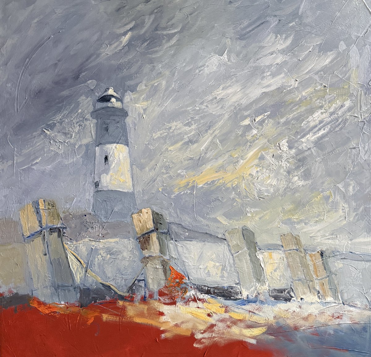 staithesartist's tweet photo. #WIP #SpurnPoint #lighthouse #oils 30x30” blockcanvas. Really enjoying painting this one. Lots of favourite ingredients. #groynes #seascape https://t.co/5NAZaXhT5v
