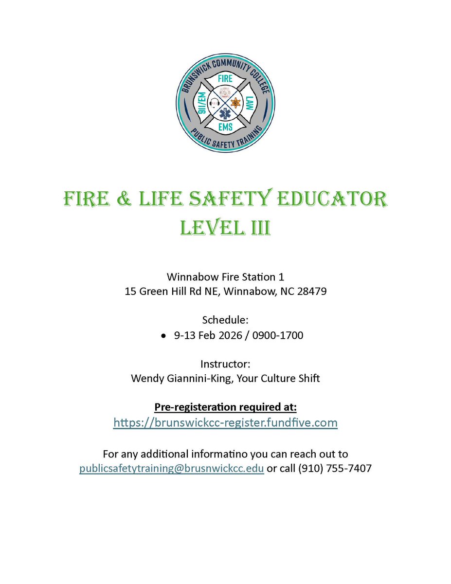 bccemergencysvc's tweet image. 🚒 F&amp;amp;LSE Level III – Winnabow
Feb 9–13, 2026 | 0900–1700
Minimum enrollment required. Registration deadline is Friday at NOON. Final decision made then.
Register now: brunswickcc-register.fundfive.com
#FLSE