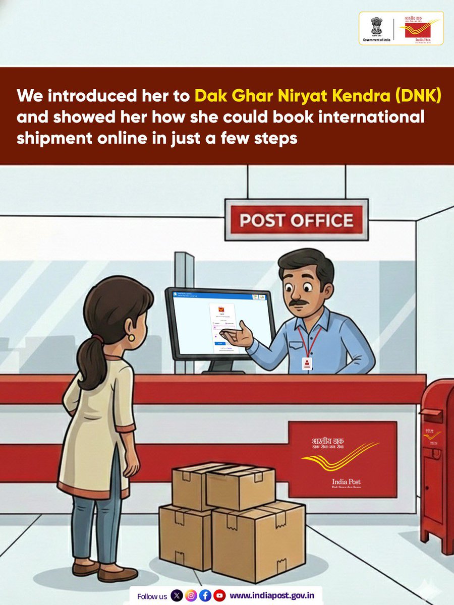 cpmgbihar's tweet image. Dak Ghar Niryat Kendra by India Post helps small businesses export effortlessly - with guided
shipping, simplified processes, and end-to-end support, right from your neighbourhood post
office.
#InternationalShipping #SmallBusinesses #DakGharNiryatKendra #IndiaPost #DNK