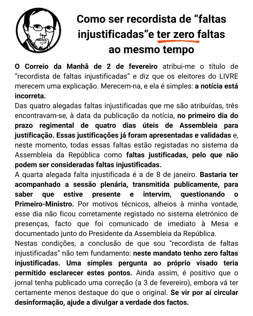 ruitavares's tweet photo. O Correio da Manhã chamou‑me “recordista de faltas injustificadas”. A verdade é: a notícia está errada. No meu mandato tenho zero faltas injustificadas e o jornal já foi obrigado a corrigir.   

Se virem essa desinformação a circular, ajudem a pôr os factos no lugar. https://t.co/bl856eTa52