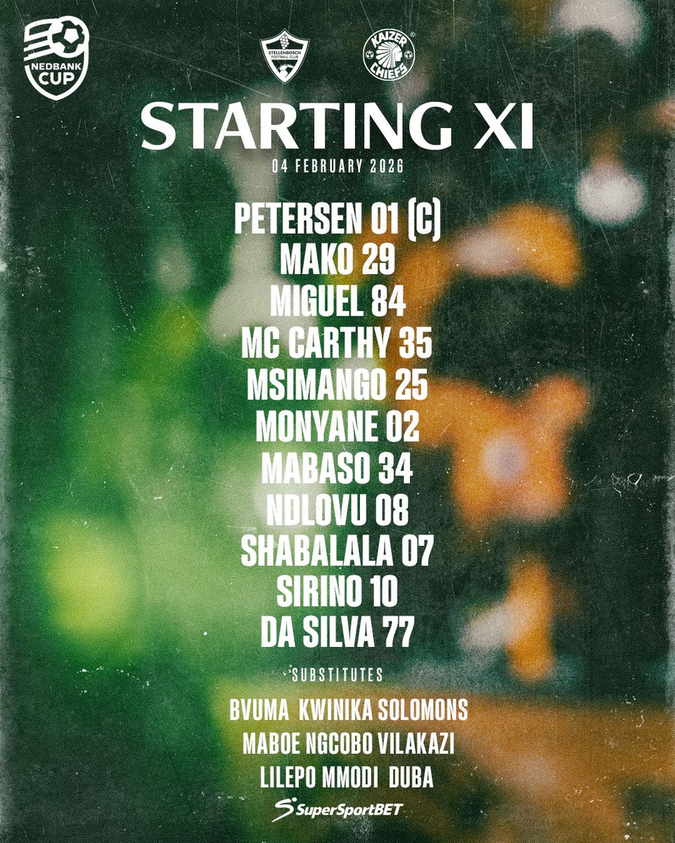 KaizerChiefs's tweet image. Nedbank Cup Last 32: Stellenbosch FC vs. Kaizer Chiefs  

Starting 11: Petersen ©, Mako, Miguel, McCarthy, Msimango, Monyane, Mabaso, Ndlovu, Shabalala, Sirino, Da Silva

Subs: Bvuma, Kwinika, Solomons, Maboe, Ngcobo, Vilakazi, Lilepo, Mmodi, Duba

Coaches: Khalil Ben Youssef &amp;amp;…