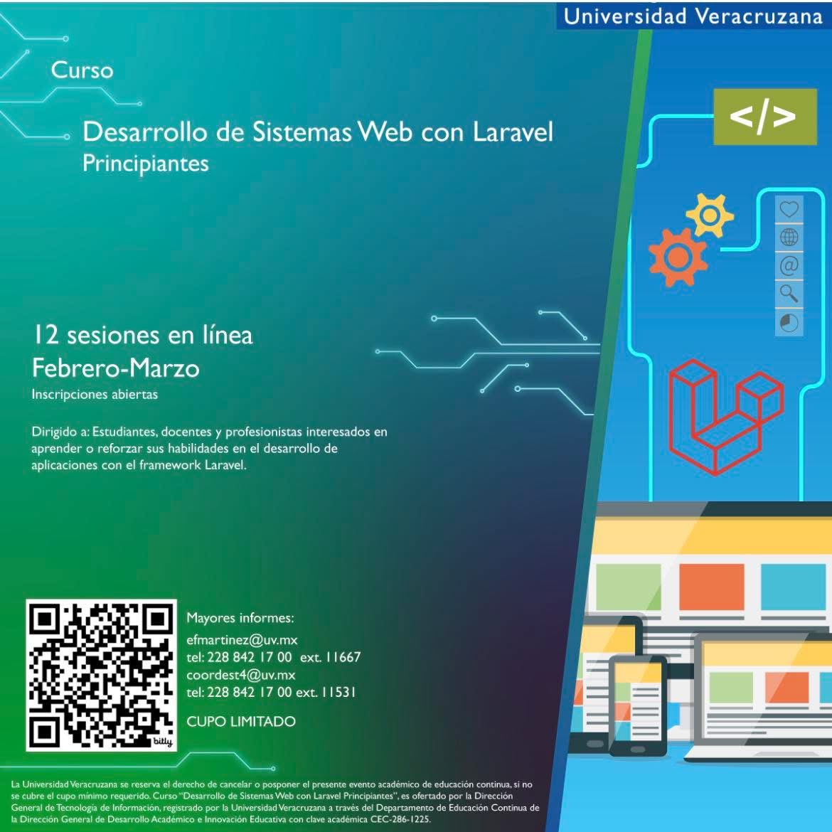 🚀 Aprende a desarrollar aplicaciones web con Laravel
Domina PHP (POO), MySQL y arquitectura MVC 💻
Impulsa tu perfil profesional 💼

👉 Más info: ow.ly/r9Ev50XqBIw

#ConocimientoTIuv #CursosDEST