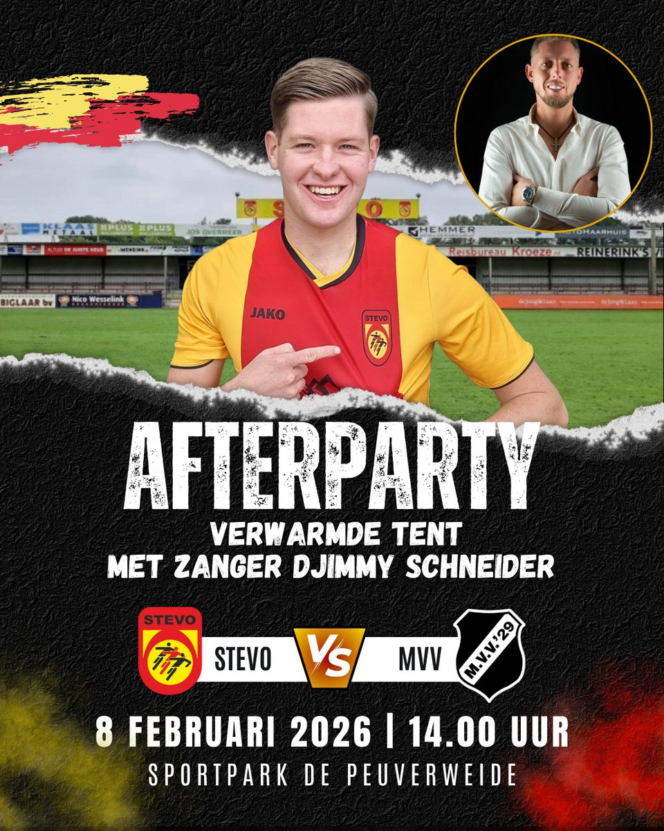 🔥 MATCHDAY = DERBYDAY 🔥
STEVO 🆚 MVV ’29 belooft vuurwerk!
Na de derby gaan we door met een dikke afterparty 🎤
🎶 Live zanger na afloop
🔥Verwarmde tent op het terras