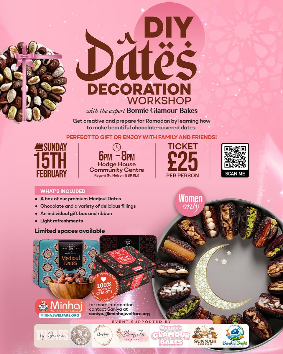 minhajwelfare's tweet photo. ✨ DIY Dates Workshop with amazing female-led businesses! Enjoy Medjoul dates, chocolates, gifts, treats &amp; exclusive vouchers—all for £25, supporting charity and small businesses.

📲 Register: https://t.co/vyUkEgXVtB

#MWF #DatesForACause #DIYDates #WomenOnlyEvents #Nelson https://t.co/w8OokWohIR