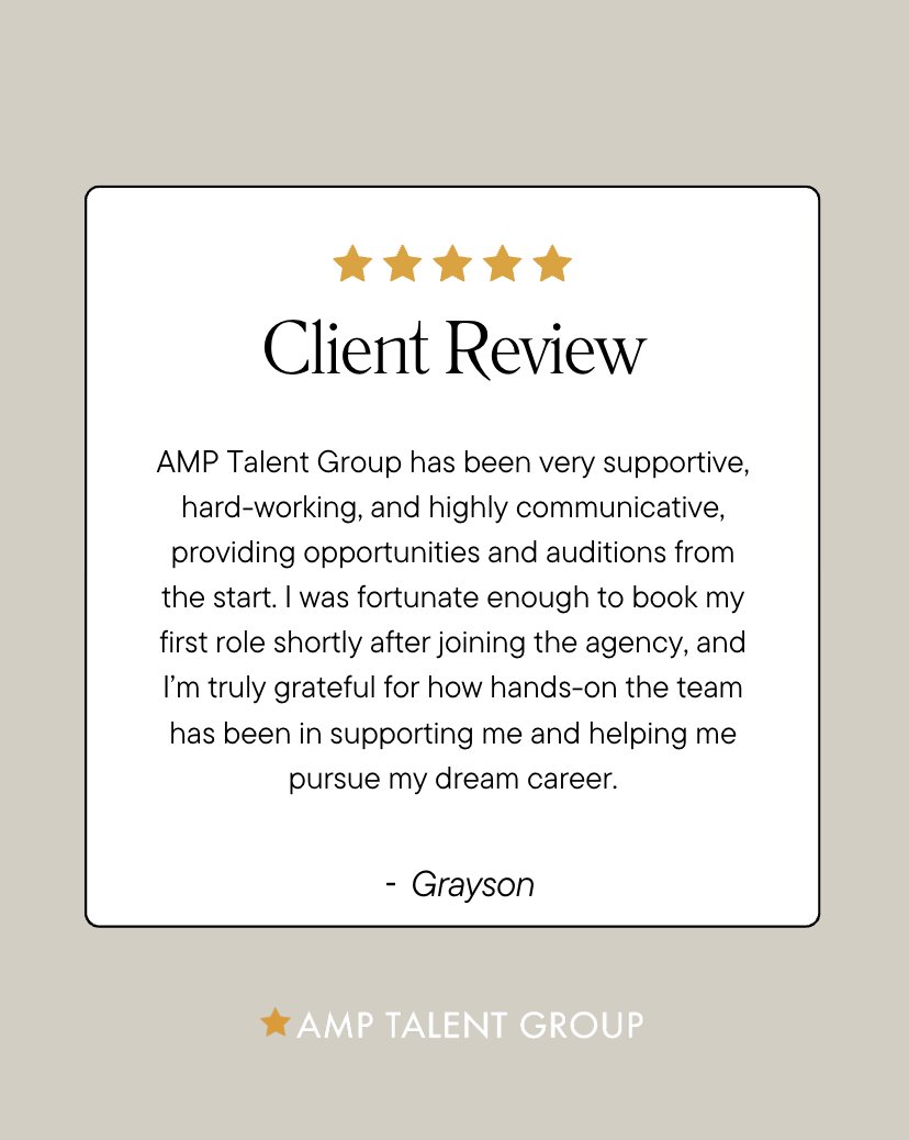Another heart warming review 💛✨

Thank you to our client Grayson for the kind words! 
.
.
.
.
.
.
#clientreview #testimonial #amptalentgroup #amptalent #talentagency #actorslife #toronto #nyc #newyork