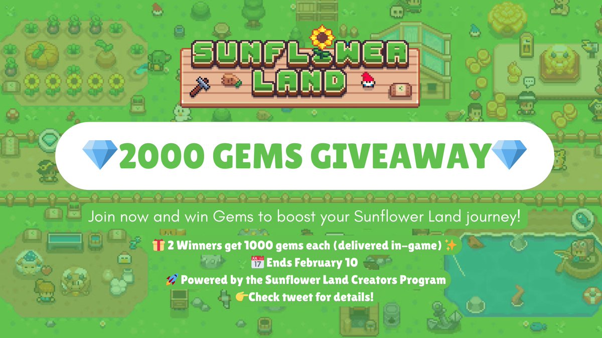 🎁 GIVEAWAY TIME 🎁
2 winners × 1000 Gems 💎🌻

To enter:
✅ Follow me + <a href="/0xSunflowerLand/">Sunflower Land</a>
✅ Reply to THIS tweet &amp; tag a friend
✅ Like &amp; RT my quoted New Chapter walkthrough

Ends on Feb 10

Good luck, bumpkins! 🌱🌻
x.com/leacrypt00/sta…