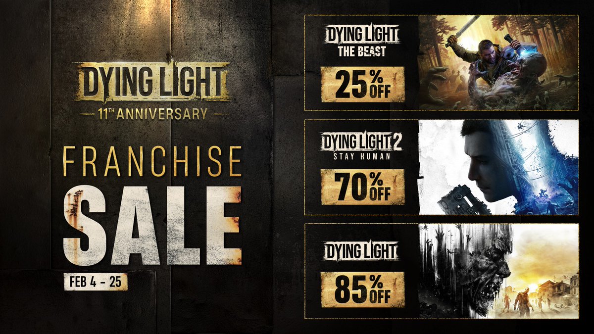 A little headstart to our Anniversary celebrations - the Dying Light franchise is included in the Critic’s Choice promotion on PlayStation! Each game is discounted, including Dying Light: The Beast available at 25% off. 🔥

The promo lasts until Feb 25. 📅