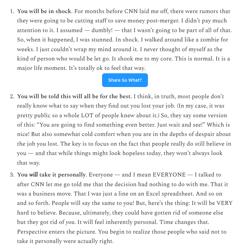 ChrisCillizza's tweet photo. Back in fall 2023, a year after CNN laid me off, I wrote a piece on the 5 lessons I learned from being let go.

Sharing those below for anyone it helps amid the WaPo staff slaughter. https://t.co/g0CX4Genid