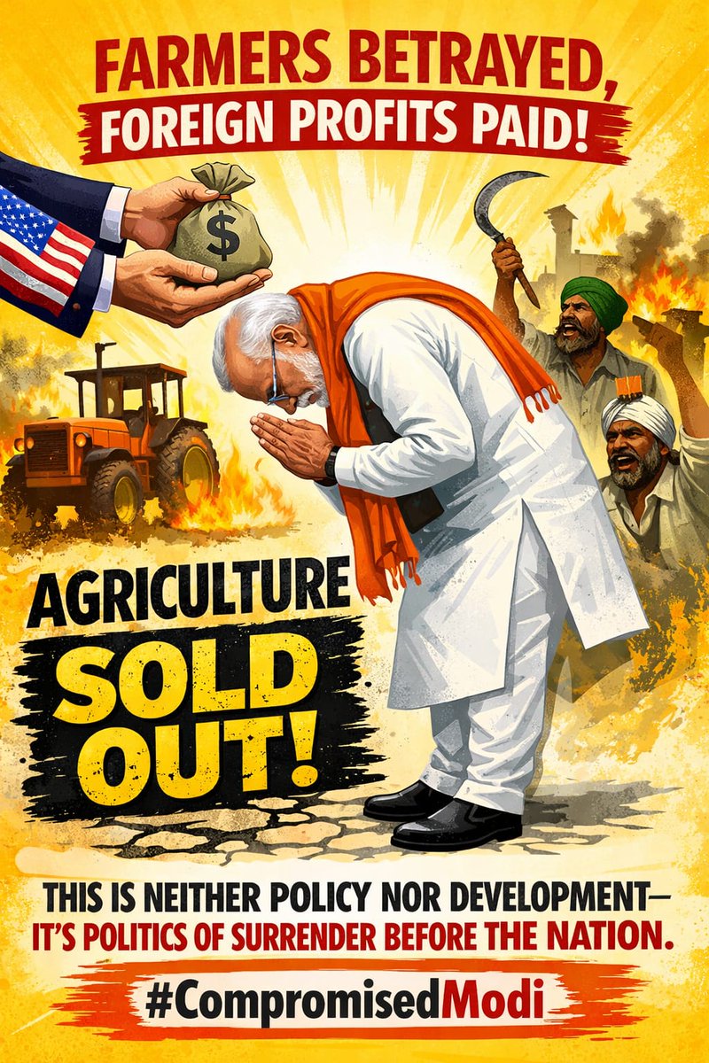 SevadalGJ's tweet image. अमेरिका-भारत व्यापार समझौते ने हमारे विशाल बाजार को अमेरिकी कृषि उत्पादों के लिए खोल दिया है, जिससे अमेरिकी ग्रामीण अर्थव्यवस्था में धन का प्रवाह बढ़ेगा और कीमतें ऊँची होंगी, परंतु हमारे अन्नदाताओं की आजीविका पर गहरा संकट मंडरा रहा है। 

#CompromisedModi
