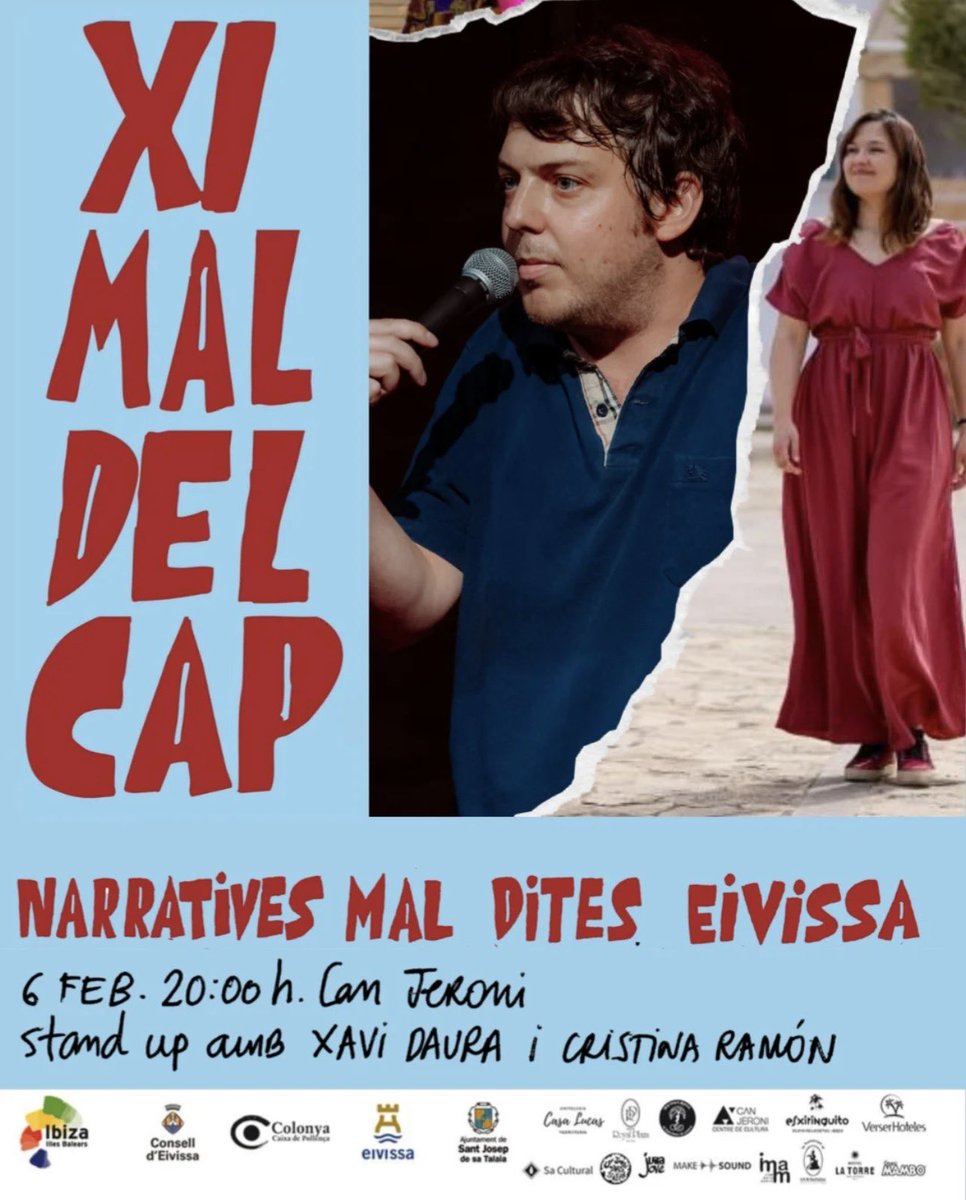 🤣🎤 Sesión de #StandUpComedy el viernes 6 de #febrero, a las 20.00 horas, en el Centro Cultural #CanJeroni (#SantJosepDeSaTalaia).

🔗 ibiza-click.com/humor-en-direc…

#IbizaClick #OcioIbiza #AgendaIbiza #XaviDaura #CristinaRamón #FestivalMalDelCap #Eivissa #Ibiza #Comedia