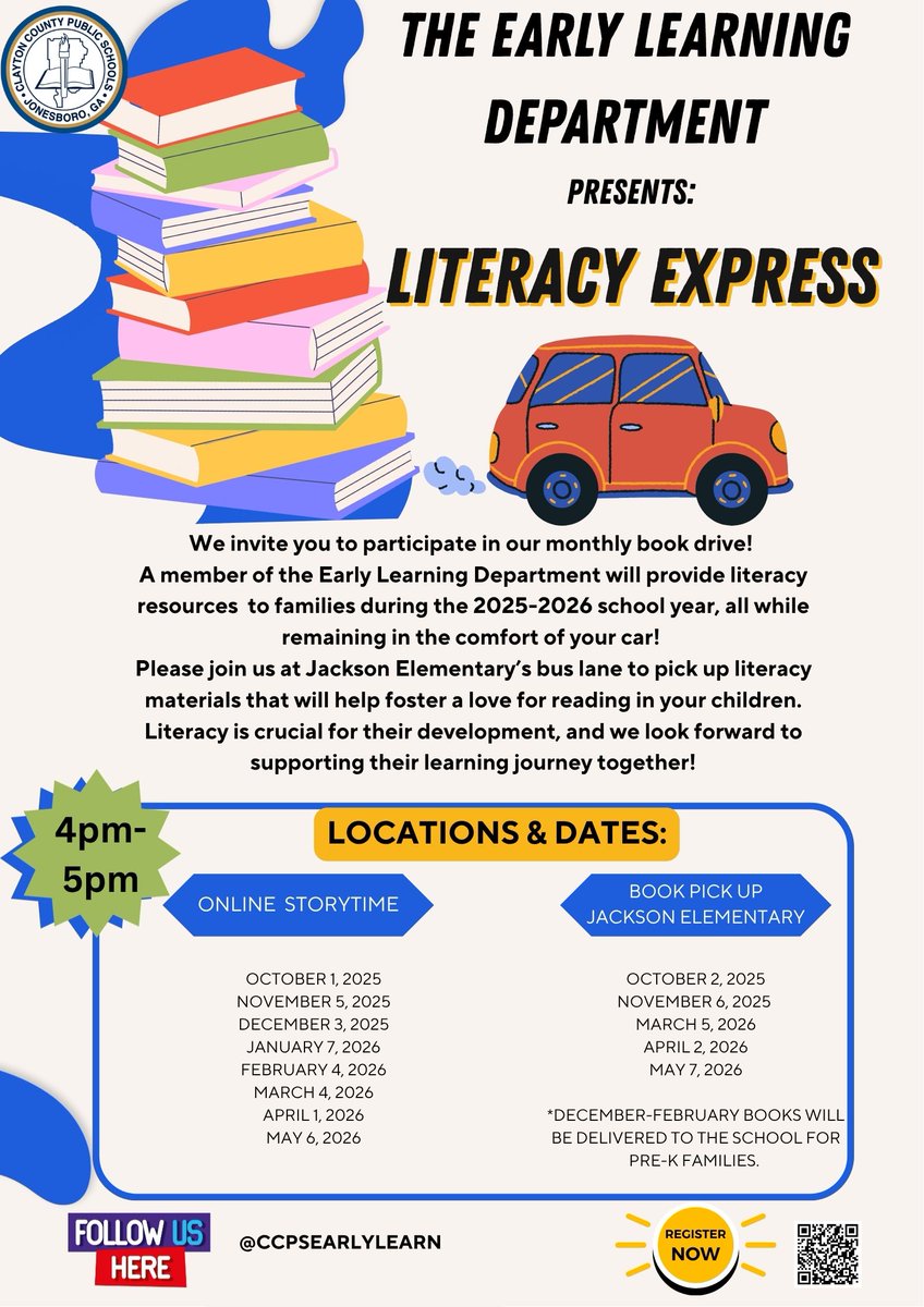 CCPSEarlyLearn's tweet photo. Reminder: Calling all Pre-K Parents and Scholars! Join us for Pre-K Literacy Express Monthly Online Storytime and Book Pickup .  See flyer for more details! See you soon! https://t.co/WvT4flcZG5